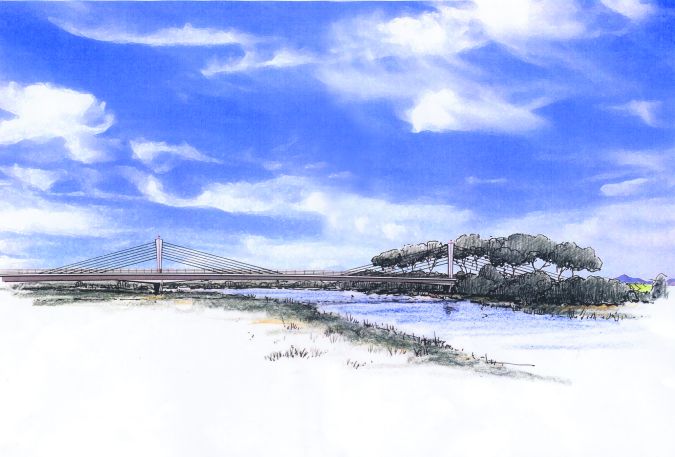 An artist's impression of a bridge similar to that which was planned to span the Corrib as part of the multi-million Outer By-Pass Road for Galway.