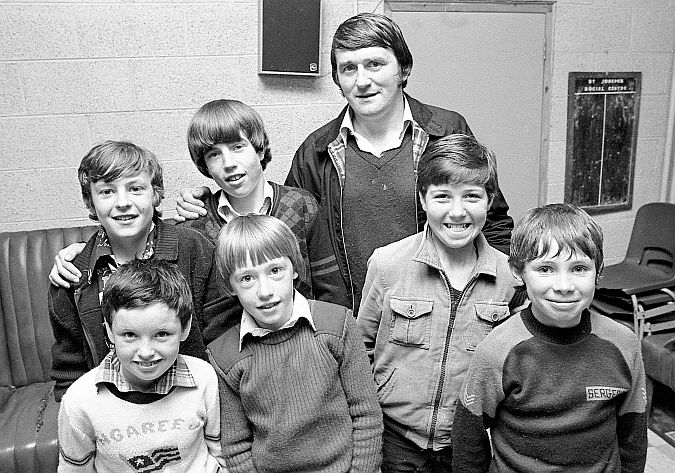 The winners of the Shantalla under-14 Street League in June 1980 pictured with Galway Rovers goalkeeper Tommy Lally who presented them with their awards at Shantalla Community Centre. Front: Vincent Madden, Brendan Flaherty, Denis Connolly, and Barry O'Connell. Back: Michael Kelly, John Brogan and Tommy Lally.