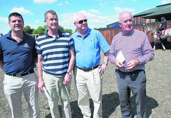 Joey Costello, Frank Fahy, Peter Allen and Michael Molloy attended the launch of the Galway Summer Festival at Gordon Elliott’s yard in Longwood, Co Meath on Monday. Photo: Andrew Downes.