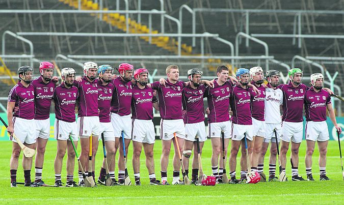 The Galway team lines up for the National Anthem ahead of their All-Ireland qualifier against Tipperary in Thurles on Saturday evening. From left: David Collins, Jonathan Glynn, Daithi Burke, Jason Flynn, Conor Cooney, Iarla Tannian, Fergal Moore, Joe Canning, Ronan Burke, Cathal Mannion, Johnny Coen, Padraig Brehony, Colm Callanan, David Burke and Andy Smith.