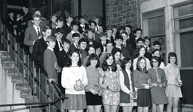 Students from Moneenageisha Vocational School (now Galway Community College) at the end-of-year prizegiving in 1971.