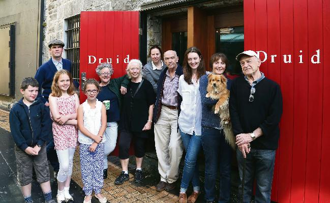 Tom Murphy with some of the cast of Druid Theatre's productions of his plays Bailegangaire and Brigit