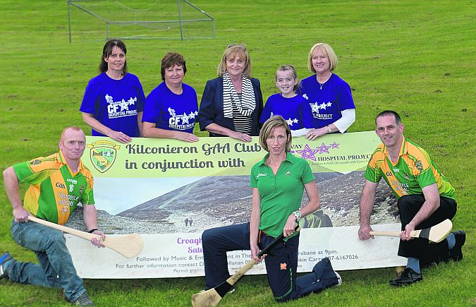 Karl Martyn, Chairman Kilconieron GAA Club, Olive Loughnane, former Olympian, and Dermot Callanan, Treasurer, Kilconieron GAA Club with, back row, Majella Kelly, Marie Brennan, Mary Lane Heneghan, Caitlin Power and Ria Power who are supporting the Cystic Fibrosis Croagh Patrick Climb on August 30. Photo: Joe Travers.