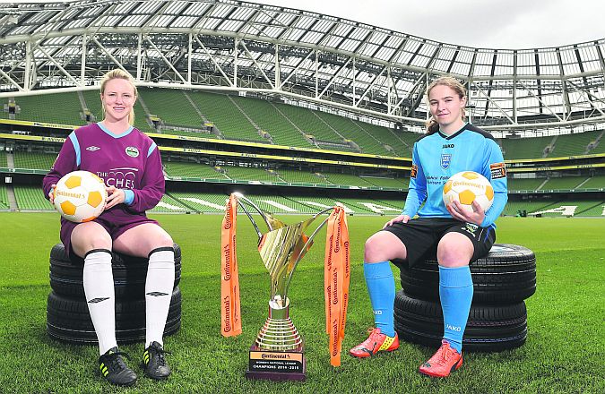 The FAI announced Continental Tyres as the official partner of Irish Women's Football. Pictured at the announcement and the launch of the Women's National League are, Ruth Fahy, left, Galway WFC, and Orlagh Nolan, UCD Waves. Aviva Stadium, Lansdowne Road, Dublin.