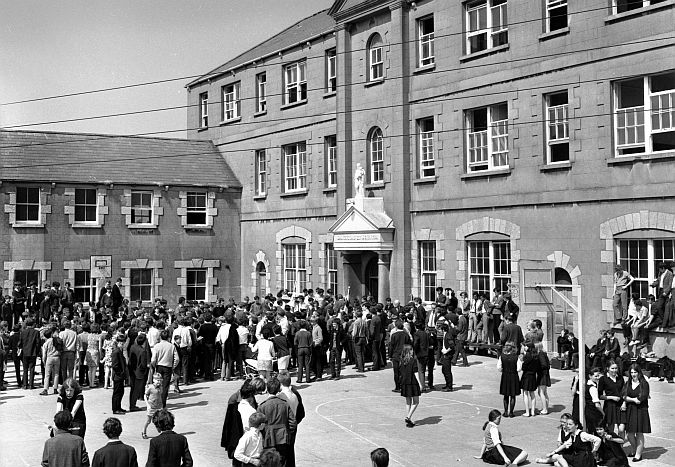 St Joseph's College at Nuns Island in Galway City on the day it closed in the summer of 1970 before it was knocked down to make way for the new building. Even girls from other local schools turned up for the momentous occasion. Best known today as 'The Bish', this school building was then known as 'The Sem'.