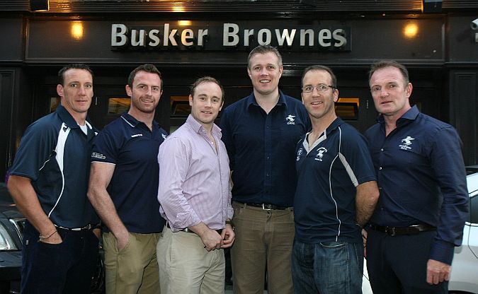 Pictured at the Corinthians RFC season launch and the announcement of Busker Brownes as the Senior team sponsor, were from left, Adrian Pilkington, Fitness Coach, James Buckley, Senior team captain, Davy Keogh, Busker Brownes, Pat Cunningham, Head Coach, Seán Duignan, Assistant Coach and Roy Gibson, Vice President, Corinthians RFC.