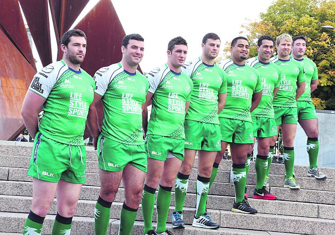 Andrew Browne, Mick Kearney, Dave McSharry, Robbie Henshaw, Rodney Ah You, Mils Mulianina, Fionn Carr and Denis Buckley in Eyre Square where Life Style Sports announced its title sponsorship of Connacht Rugby and showcased the new Life Style Sports branded Connacht rugby jersey. Photo: joe o’SHAUGHNESSY