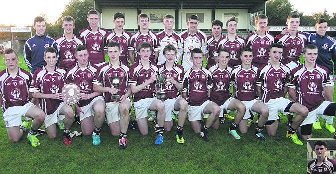 The Annaghdown team which captured the Minor B county title in Moycullen on Sunday. Back row, from left: Patrick McLoughlin, Nigel Kerr, Eoin Curry, Conor Maloney, Isaac Hand, Darren Groake, Stephen Potter, Patrick Flaherty, DJ Whelan, Ryan Forde, Pierce Glynn and John Curry. Front: Pete Lynch, Enda Callanan, Stephen Burke, Mike Naughton, Michael Devaney, Darragh Fahy, Cathal Small, Adam Quirke, Aaron Hardiman, Tomás Griffin and Egan Naughton. Insert: Nathan Fallon. Photos: Seamus Finnerty.