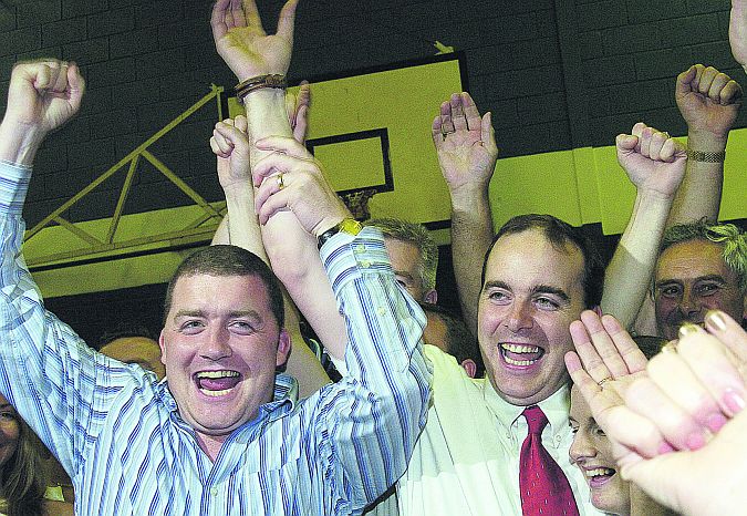 Where it all began: June 2004 and newly elected Councillor Michael J Crowe (right), celebrates victory with his brother Ollie after his election to the City Council for the first time, as an Independent. Both brothers are now FF members of the council but there are indications that the next General Eelection will see Ollie take over the mantle of seeking a seat in the Dáil.