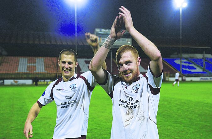 Galway FC goalscorers Jake Keegan and Ryan Connolly celebrate after the final whistle in Tolka Park on Friday night. Photo: Ray Lohan/Sportsfile.