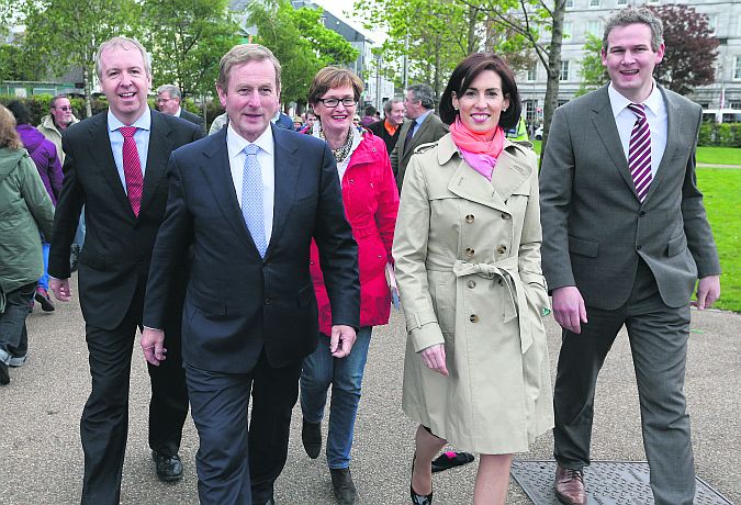 Follow my leader . . . to Mayo perhaps? Taoiseach Enda Kenny, a proud Mayo man, with the three Galway public representatives stricken by the Mayo Disease, Brian Walsh TD, Senator Hildegarde Naughton and Sean Kyne TD, along with the party's European election candidate Mairead McGuinness, during a walkabout in Galway in May.