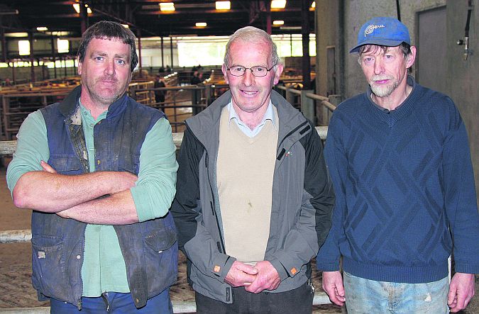 John Harney, winner of the Best Belgian Blue category at Ballinasloe Mart Show and Sale pictured with Michael Meehan, Mart Chairman and Jim Finnerty, Caltra, who took first prize in the Limousin section. PHOTO: GERRY STRONGE.