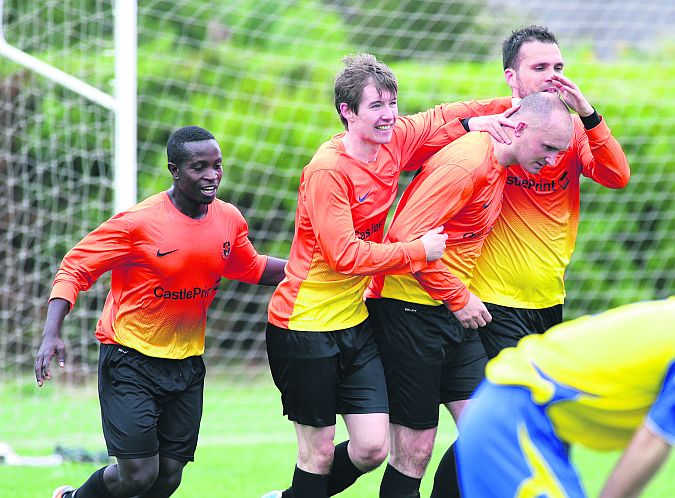 Dave Goldbey celebrates his goal for Corrib Rangers with Oscar Sibanda, Brian Connolly and Dragos Barbu on Sunday. Photo: Joe O'Shaughnessy.