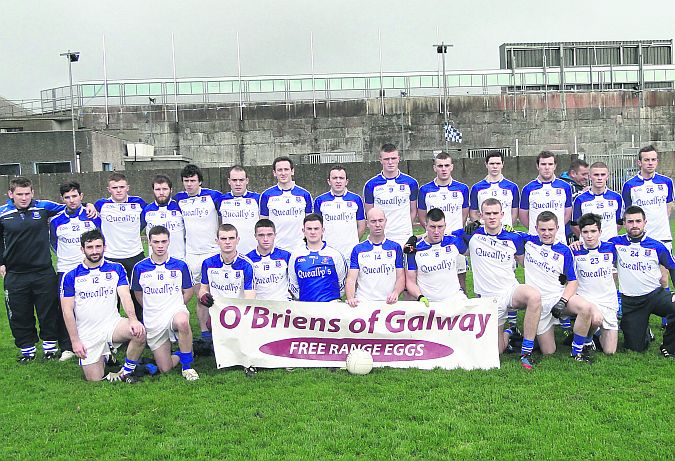 Caherlistrane Junior A football champions after defeating Moycullen in the county final. Back row, left to right: Eric Monahan (selector), Ryan Monahan, Shane Nally, Derek Higgins, Luke O’Brien, Paddy Jennings ,Damien Walsh, Brian Keane, Shane Lawless, Cillian Bohan, Conor Faulkner, Liam Higgins, Kevin Mannion, Bernard O’Brien. Front row: Enda O’Connor, Darragh Keane, Stephen Bohan, Rory Conlon, J J Greaney, Michael Conroy (Capt), Jonathan Glynn, Shane O’Connor, Cathal Reilly, Adrian Murphy.