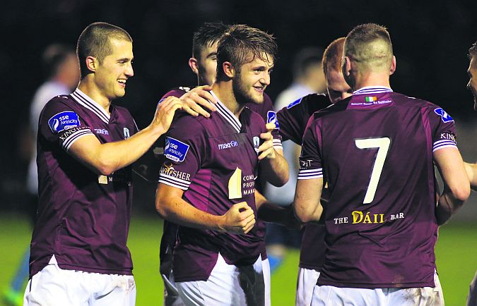 Galway FC'S Alex Byrne (centre) celebrates scoring his first ever League of Ireland goal to make it 3-0 on the night in their League Promotion Final win over UCD at Eamonn Deacy Park on Friday night.