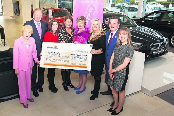 Attending the cheque presentation of €8,500 raised from 'Lunch by the Lake' at the Wineport Lodge, Athlone in aid of National Breast Cancer Research Institute (NBCRI) were (from left) Anna O Coinne, NBCRI, Prof. Michael Kerin, NBCRI, Athlone friends of NBCRI Tracey Staunton, Norma Wilson, Marion Donoghue and Dympna Cunniffe, event sponsor Colm Quinn of Colm Quinn Motors Athlone and Galway and Helen Ryan NBCRI.