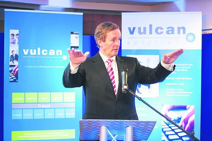 Keeping calm...Taoiseach Enda Kenny announcing 15 jobs at Galway based Tech Company Vulcan Solutions this week. Photo: Andrew Downes