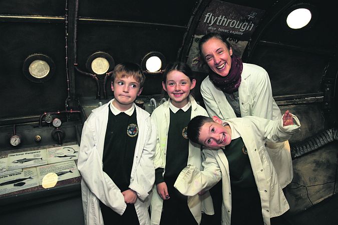 Niamh Nic Dhonnacha, Beachla Breathnach Maxwell, Oisín Ó Flaitherta (Scoil Na Maighdine Muire gan Smal, Camus) with Dr Sarah Knight at a workshop at the Sea Science Zone as part of Baboró. PHOTO: MARINA LEVITINA.