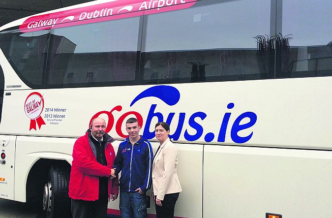 Oughterard BC fighter Kieran Molloy, whose travel to and from Dublin for his High Performance training has been sponsored by Go Bus, pictured with Go Bus driver Istvan Feigve and Breege Lynch, Operations Manager with GoBus.ie