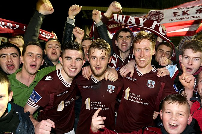Goal scorers Ryan Manning, Alex Byrne and Gary Shanahan celebrate Galway FC's victory over UCD in the League Promotion Final at Eamonn Deacy Park on Friday night. Photo: Joe O'Shaughnessy.