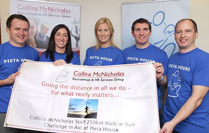 Collins McNicholas Galway Regional Manager Michelle Murphy (centre) with the firm’s other Regional Managers from around the county (from left) Seamus Tobin (Cork), Antoinette O’Flaherty (Sligo), Niall Murray (General Manager) and Sean Gannon (Athlone) at the launch of the 250KM Challenge for Pieta House.