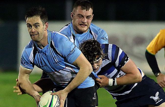 Galwegians scrum half Barry Lee is tackled by Corinthians Marc Kelly during the clubs' AIL Division 1b encounter at Cloonacauneen on Friday night. Photo: Joe O'Shaughnessy.