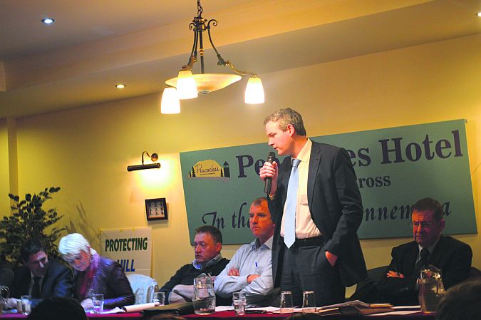 West Galway Fine Gael TD Seán Kyne addressing last week's public meeting in Peacocke's of Maam Cross on the hill farming/commonage issues. Also pictured are Colm O'Donnell, Sligo hill farmer; Brendan Joyce, meeting chairman and Deputy Éamon Ó Cuív.