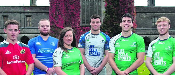 NUI Galway rugby scholarship players David O'Mahony (Munster U-20), Hugh O'Donnell (Leinster U-20), Edel McMahon (Connacht Ladies), Roy Stanley (Connacht U-20) and Malcolm Hanley (Connacht U-18 Captain) with Connacht and Ireland's Robbie Henshaw (centre) on campus. Photograph: Aengus McMahon.