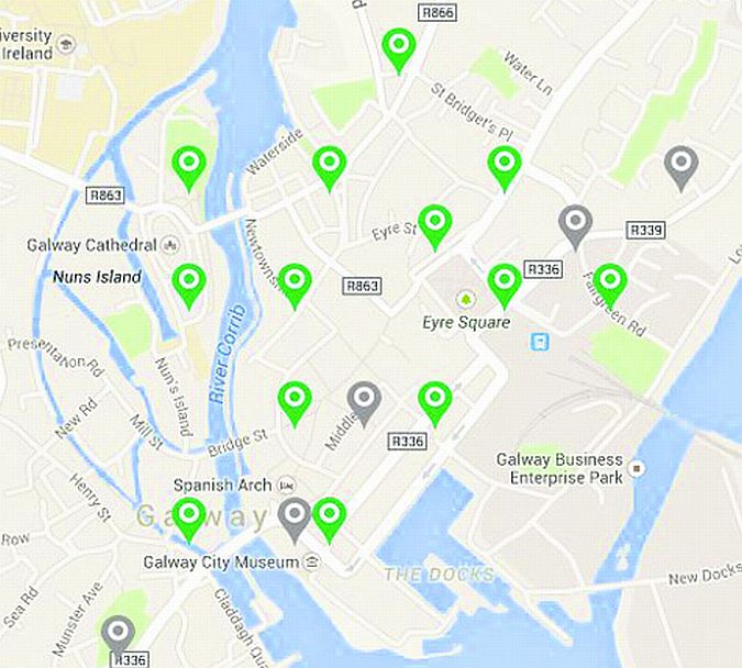 A map of the bike stand locations around the city centre.