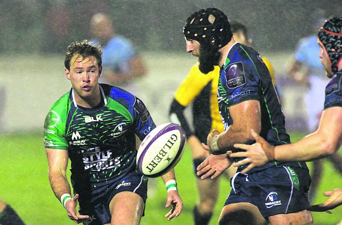 Connacht scrum half Kieran Marmion and team captain John Muldoon are in the thick of the action against Bayonne in the European Chellange Cup tie at the Sportsground on Saturday night. Photos: Joe O'Shaughnessy.
