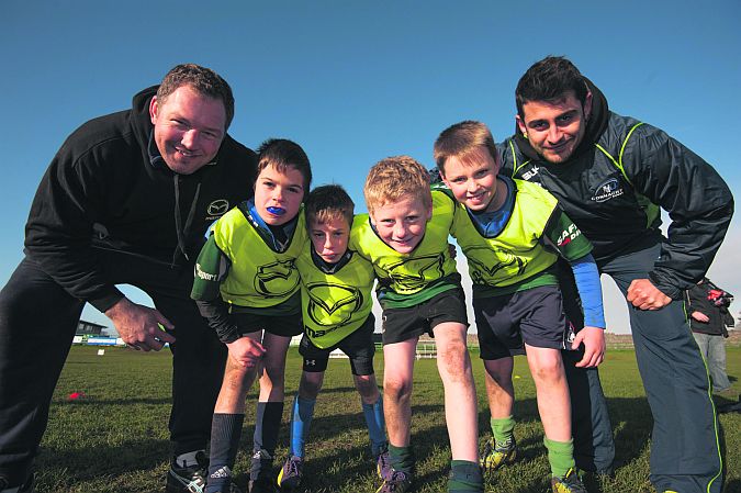 Pictured with Connacht's Michael Swift and Tiernan O'Halloran at the Mazda Rugby Roadshow in the Sportsgrounds last Sunday were Donal Henderson, Ryan Roche, Cathal O'Hare and Luke McKenna from Oughterard Rugby Club.