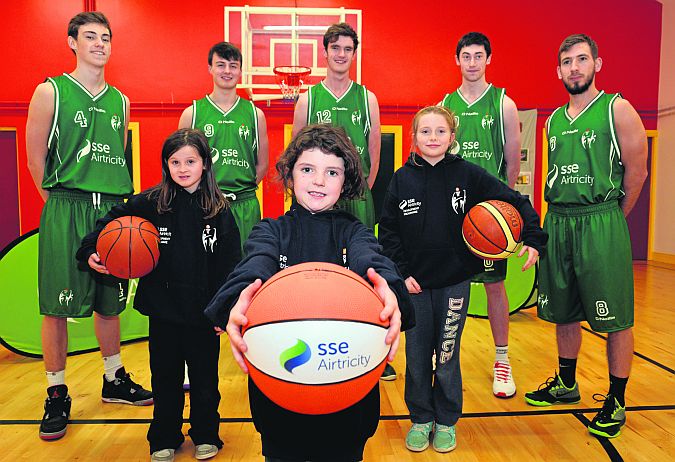 Moycullen Basketball Club Junior Development Programme and season launch. In front are Kayla Cox, Mollie Byrne and Mya Robb with Moycullen players Rory Gibson, Patrick Lyons, Sean Candon, Joseph Tummon, Sean Candon, and James Loughnane. Photo: Ray Ryan/Sportsfile.