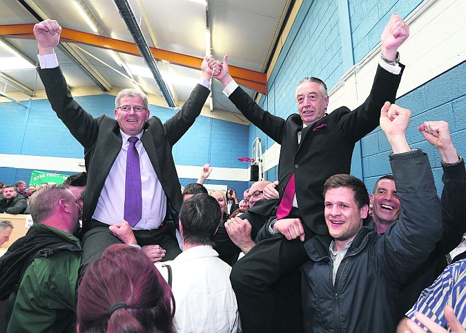 Best of friends again: Frank Fahy and Padraig Conneely, pictured celebrating their election to Galway City Council back in May, have kissed and made-up after a recent row.