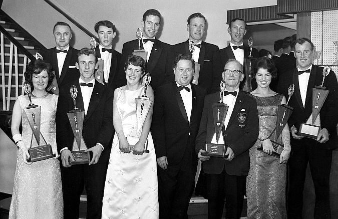 The first Galway Sports Stars Awards were announced in 1965 and pictured at the presentation banquet held in the Great Southern Hotel, Eyre Square, on January 6, 1966, were the winners and special guest Michael O’Hehir, the radio and television commentator. Front row (from left): Kay Quinn (camogie); Eamon Lee (Soccer); Catriona Little (Swimming); Michael O’Hehir; Jimmy Cranny (best organiser); Maeve Lydon (Tennis) and Murt Davoren (Boxing). Back row (from left): Jimmy Duggan (Hurling) Tony Corley (Handball); Enda Colleran (Football); Sean Hosty (Golf) and Tommy Madden (Athletics). The event was sponsored by the Galway-Salthill Indoor Swimming Pool Committee.