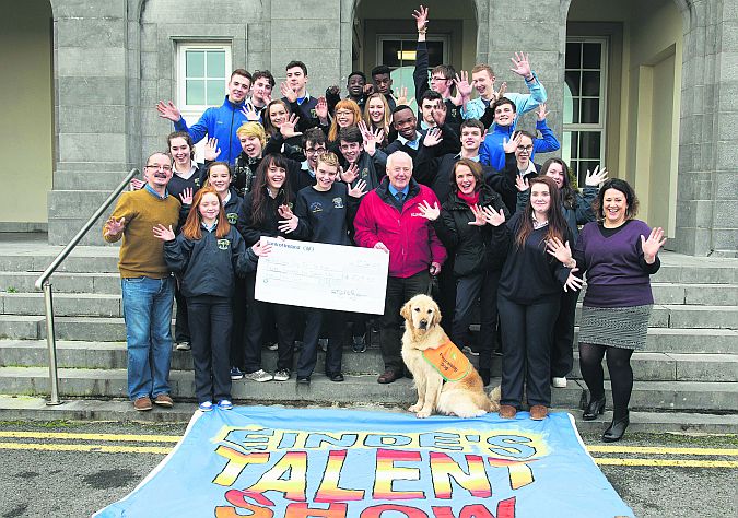 Coláiste Éinde celebrated some of the many talents of the students in the school recently with three sell-out performances in this year’s annual School Talent Show, in aid of the School Development Fund and the Irish Guide Dogs for the Blind. Students and organisers, teachers Tammy O’Leary and Michael Purcell – joined by principal Deirbhle Quinn – presented the Galway Branch Chairman of the Irish Guide Dogs for the Blind, Frank Downes, and his fundraising dog, Gallagher with a cheque for €729.50 this week.