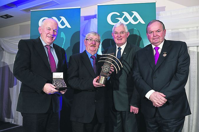 Uachtarán Chumann Lúthchleas Gael Liam Ó Néill with Athenry's Jarlath Cloonan, County Final Programme Award recipient, An Cheathrú Rua's Micheal Mac Donnchadh, Hall of Fame Award recipient and Chairman of Galway County Board, Noel Treacy at the McNamee Awards in Croke Park on Saturday night.