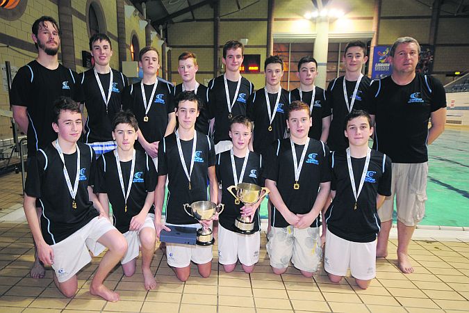 Corrib A All-Ireland U16 Water Polo champions. Back row, left to right: Cathal Treacy (Asst Coach), Ronan Murphy, Donal Cahill, David O'Connor, Davey Knight, Johnny Regan (Captain), Lorcan Gavin, Mark Moran, Joe Smyth (Coach). Front row: Johannes Ritter, Ruairc O'Murchú, Michael Murphy (Tournament MVP), Ronan Gill, Thomas Power, Cian McDonagh.