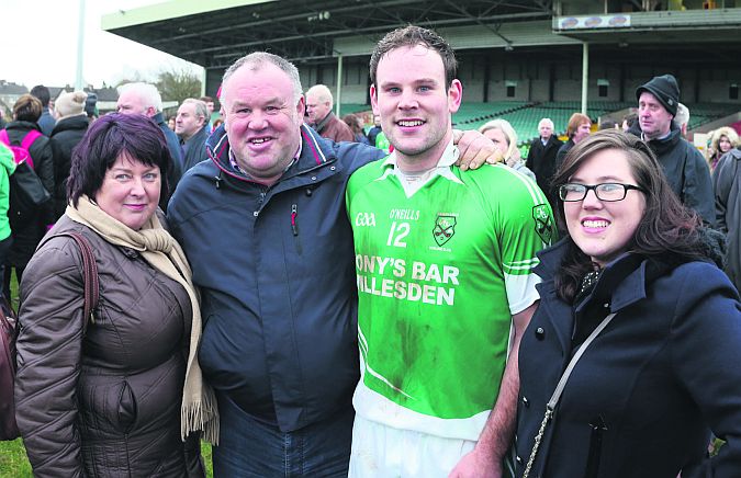 Kilburn Gaels player Stephen Lambert from Kilbeacanty and who now lives in London, pictured with his parents Patricia and Tom and sister Lisa, after his team defeated Cappataggle in the All-Ireland Intermediate Club hurling semi-final at the Gaelic Grounds in Limerick last Sunday. Photo: Joe O'Shaughnessy.