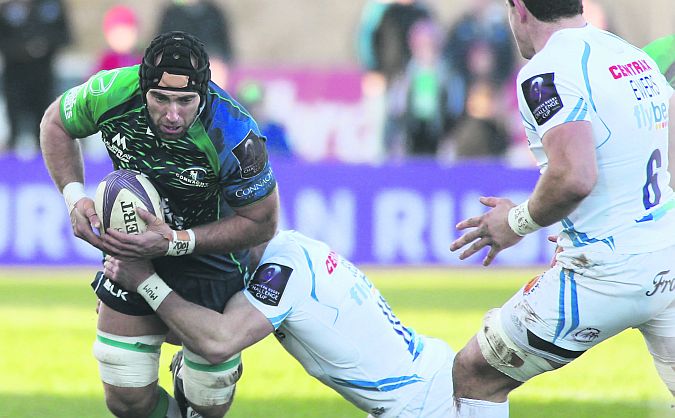 Connacht's John Muldoon making the hard yards against Exeter Chiefs in Sunday's European Challenge Cup tie at the Sportsground. Photo: Joe O'Shaughnessy.