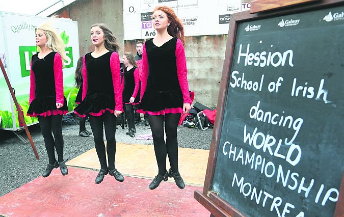 Members of the Hession School of Irish Dancing performing at the Pearse Stadium last Sunday, during a fund raiser for the World Irish Championships, before the Galway v Clare first round game in the 2015 Allianz National Hurling League.
