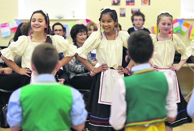 Pupils performing at Claddagh National School as children and staff staged a special welcoming show for French, Spanish and Italian teachers and students visiting as part of the Comenius European Schools Partnership. There are 42 different nationalities represented among the Galway school's 350 pupils.