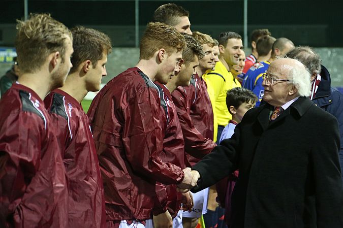 Nice work if you can get it: President Michael D Higgins meets the Galway United players before the start of the SSE Airtricity League Premier Division game against Derry City at Eamonn Deacy Park on Friday night. Photo: Joe O'Shaughnessy.