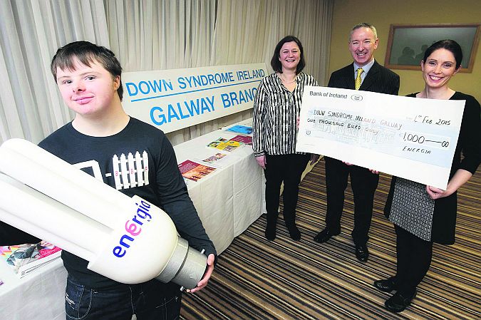Michael Kerin from Bushypark, Ciara Hartigan, Galway Branch Treasurer of Down Syndrome Ireland; John King of Energia and Irene Walsh of Down Syndrome Ireland’s Galway Branch, pictured at the presentation of a €1,000 cheque to the Galway branch by the energy provider.