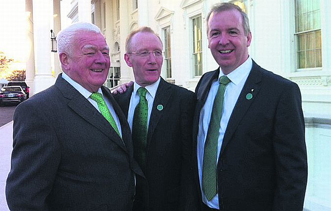 Top o' the mornin' to ya! Galway West TD Brian Walsh, right, pictured with Senator Terry Brennan and Frank Feighan, TD, outside the White House after meeting Obama on St Patrick’s Day.