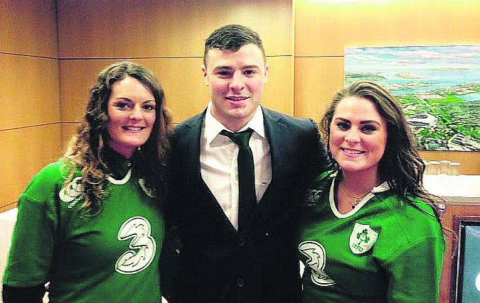Ireland's Man of the Match, Connacht's Robbie Henshaw, with his sisters Katie and Emily after their victory over England at the Aviva Stadium on Sunday. Photo: MolloyPhotography.