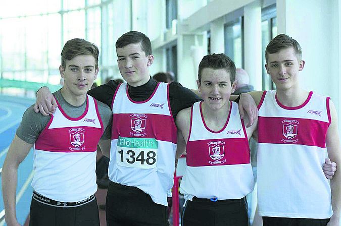 The GCH U17 4x200m relay team which were gold medal winners at the All-Ireland Juvenile Indoor Championships in Athlone IT. Left to right: Sean Kilmartin, Claregalway, Jack Dempsey, Moylough, Luke Shaughnessey, Caherlistrane, and Kacper Poniatowski, Headford.