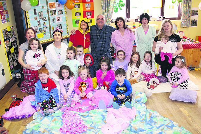 Pictured at the pyjama day at the Yougn at Art pre-school in Kilconnell were (front): Lucas Skehill, Saoirse Kelly, Katie Earls, Aoibheann Whelan, Gearoid Griffin. Middle: Holly Delaney, Erin Ward, Daegen Pingo, Na Garvey, Aisling McGuinness, Aoibheann Hillary, Chloe Barry.Back: Joan Poland, Sarah Murphy,Triona Pingo, Catherine O'Reilly,Cllr Tim Broderick,Joan Garvey, Yvonne Whelan, Roisin Higgins and baby Nicole. Photo: Gerry Stronge.