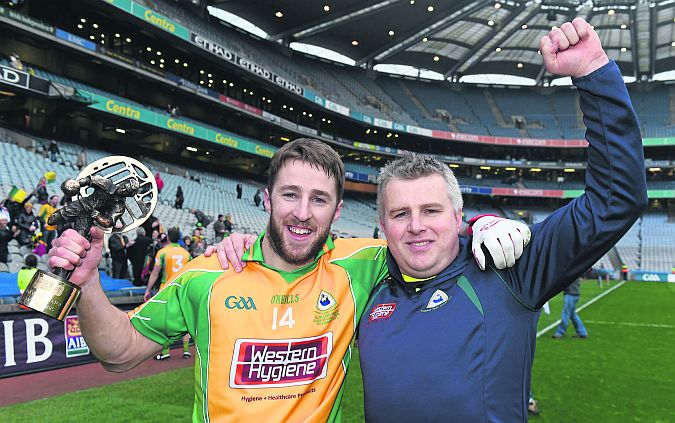 Man of the Match Michael Lundy and team manager Stephen Rochford celebrate Corofin winning the All-Ireland Club football title at Croke Park on Tuesday.