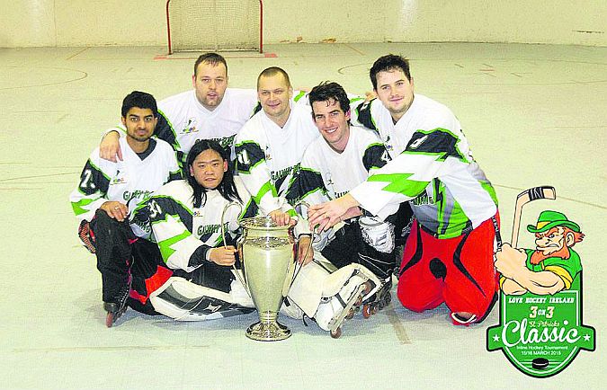 The Galway Bay Lightning team that won the Love Hockey Ireland inline hockey international tournament in Armagh recently. Left to right: Hardarsh Panesar, Gatis Vinnins, Jaroslav Kucera, Conor Bell (Captain and Chairman), Peter Bury (also Club Treasurer). Front: Stepehn Lee-Chong (also Club Secretary).