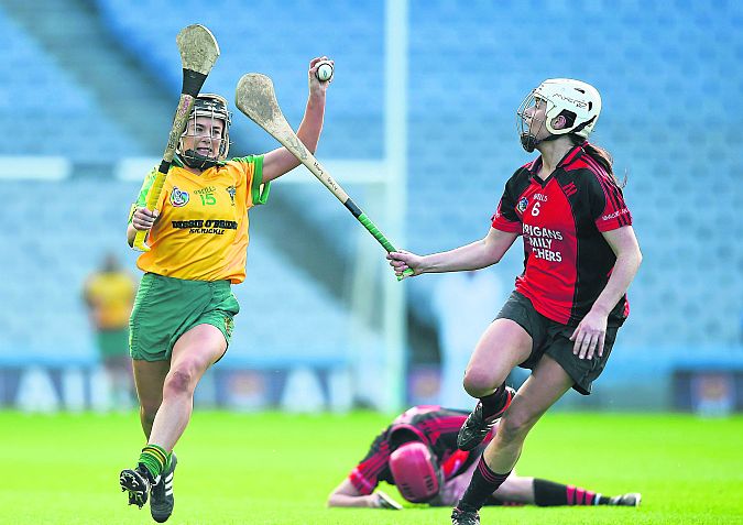 Mullagh's Aoife Donohue getting the better of Oulart-The-Ballagh's Mary Leacy during the AIB All Ireland Senior Club Camogie Final at Croke Park on Sunday.